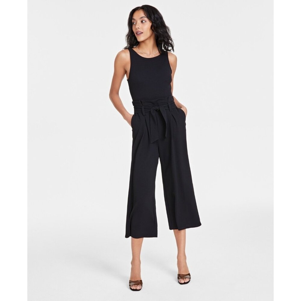 Bar III Petite Sleeveless Crewneck Tie-Waist Jumpsuit Black Size PM